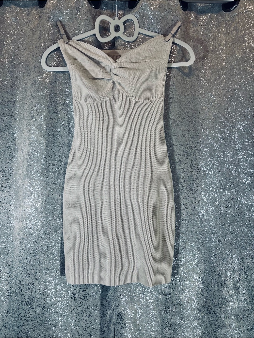Knot Front Ribbed Strapless Dress - Cream